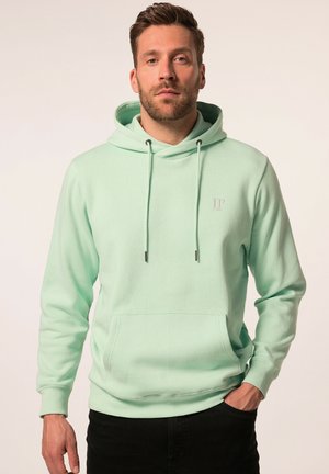 Mintgroene hoodie met verstelbare trekkoorden, voorzak en subtiele logo-detail. Zachte stof met een relaxte pasvorm en geribde manchetten.