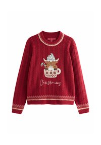 Punane kudumispusa jõuludeks, millel on tassitäie sees lehmapilt, kaunistatud koore ja piparmündi pulgaga, all tekst "Jõulud".