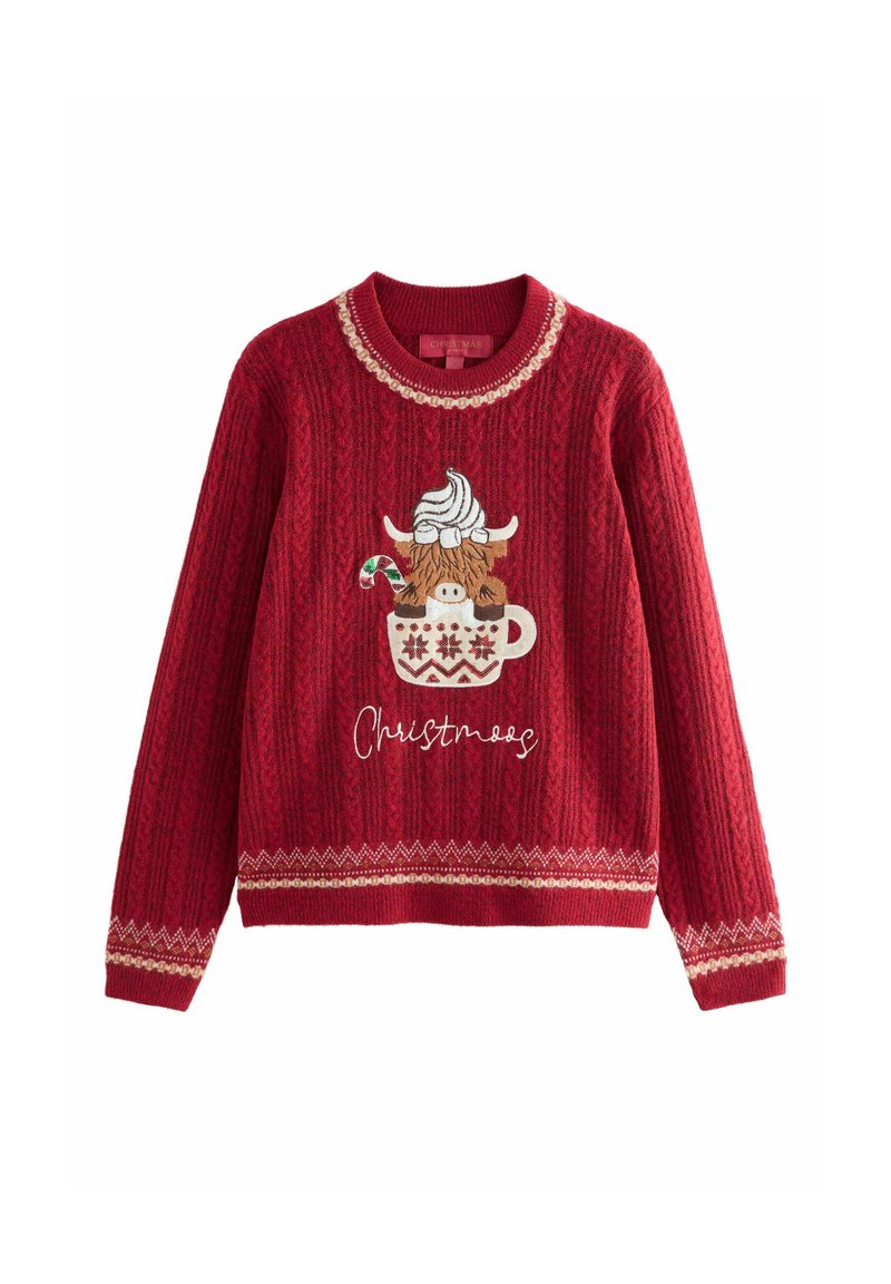 Punane kudumispusa jõuludeks, millel on tassitäie sees lehmapilt, kaunistatud koore ja piparmündi pulgaga, all tekst "Jõulud".