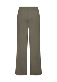 Olivevihreät leveälahkeiset housut, pehmeästä kankaasta valmistettu, jossa on joustava vyötärö ja ei näkyvää yksityiskohtaa takana.