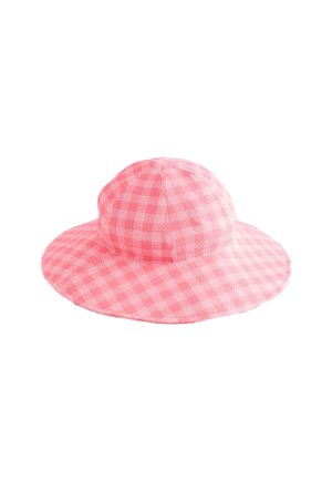 Pălărie de soare roz cu boruri largi și model în carouri, având o coroană rotundă și suprafață de țesătură ușor texturată.