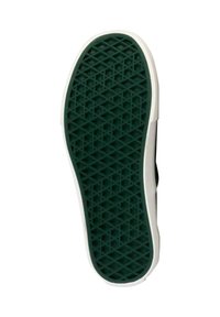 Semelle de chaussure en caoutchouc avec une surface verte texturée présentant un motif en losange, bordée d'un contour blanc. Design de grip distinctif évident.