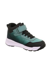 Wysokie buty sportowe w gradientowym odcieniu turkusu i czarnego, wykonane z materiału syntetycznego. Posiadają zapięcie na pasek, teksturowaną powierzchnię oraz białą gumową podeszwę.