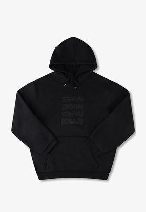 Black hooded sweatshirt made of soft fabric. Features a kangaroo pocket, ribbed cuffs, and embossed text design on the front.