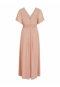 Rosa maxiklänning med fladdrande ärmar, V-ringning, elastisk midja med spetsdetaljer och plisserad kjol. Lätt material med en jämn textur.