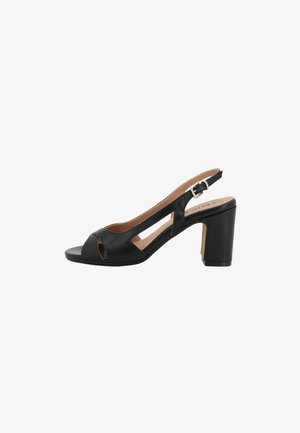 Sandaletto slingback in pelle nera con punta aperta, cinturino con fibbia regolabile e tacco a blocco, mostrato su sfondo bianco.