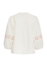 Weiße Bluse mit langen, puffartigen Ärmeln. Verfügt über zarte rosa Stickereien entlang der Ärmel und hat eine lockere Passform. Einfaches Kragen-Design.