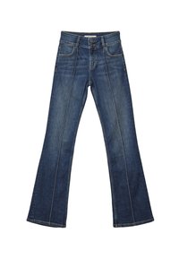 Rozkloszowane ciemnoniebieskie dżinsy z podwójnym zapięciem na guziki, pięcioma kieszeniami, białymi szwami oraz lekko teksturowaną powierzchnią.