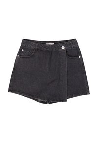 Zwarte denimshorts met een rafelrand, vijf zakken, sluiting met knoop aan de voorkant en contrasterende steken. Heeft een unieke wikkelafwerking bij de tailleband.