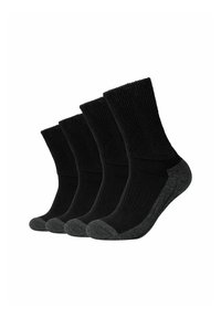 Schwarze Crew-Socken mit gerippter Textur und verstärktem dunkelgrauem Zehen- und Fersenbereich. Vier Paare in einer Reihe präsentiert, mit glatter Oberfläche.