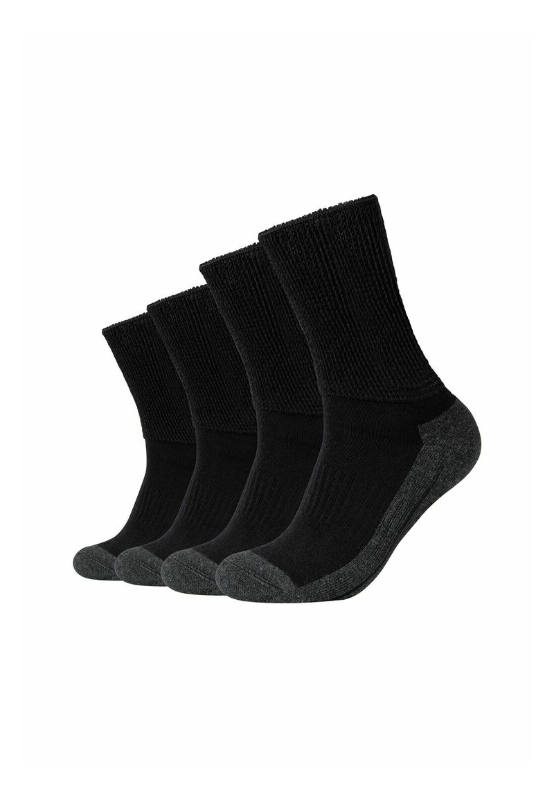 Schwarze Crew-Socken mit gerippter Textur und verstärktem dunkelgrauem Zehen- und Fersenbereich. Vier Paare in einer Reihe präsentiert, mit glatter Oberfläche.