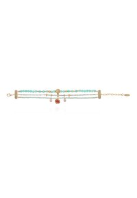Bracelet doré avec des perles aqua et grises, un élément décoratif central et des accents pendants en forme de goutte d'eau. Fermeture à chaîne ajustable.