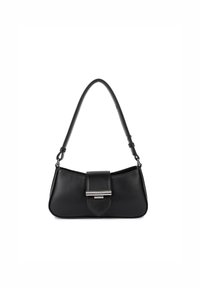 Borsa a spalla in pelle nera dalla forma strutturata, con una sola tracolla e chiusura a patta sul davanti con un'elegante accentuazione in metallo argentato.