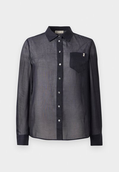 Navy blue long-sleeve button-up shirt in sheer fabric with vertical stripes, featuring a chest pocket and contrasting collar details.
