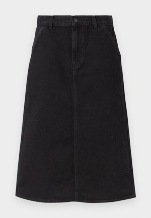 Μαύρη τζιν φούστα μέχρι το γόνατο με εμπρόσθιες τσέπες, θηλιές για ζώνη και κεντρική ραφή ως διακόσμηση.