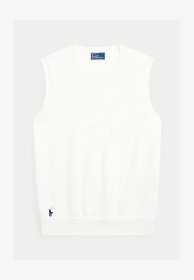 Top bianco senza maniche in tessuto morbido, con scollo e orlo a coste. Piccolo logo navy ricamato nell'angolo inferiore sinistro.