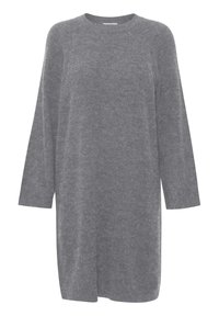 Robe en maille grise à manches longues, encolure ronde et ourlet légèrement asymétrique. Texture douce et design minimaliste sans motifs visibles.