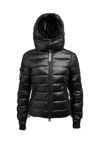 Schwarze glänzende gepolsterte Jacke mit Kapuze, Frontreißverschluss, seitlichen Reißverschlusstaschen und Logo am linken Ärmel sowie am Reißverschluss-Anhänger.