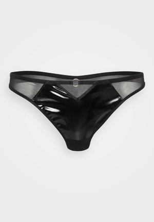 Tanga nera con un pannello frontale lucido e brillante e accenti laterali in rete. Presenta una cintura stretta e un dettaglio hardware circolare al centro.