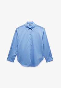 Camicia azzurro chiaro con bottoni, realizzata in tessuto liscio, caratterizzata da un colletto a punta, maniche lunghe e orlo arrotondato, con bottoni abbinati.
