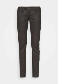 Jean skinny noir avec une texture lisse, cinq poches, et une fermeture classique à bouton. Le tissu a une légère brillance et une certaine élasticité.