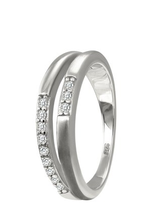 Silver ring with a brushed finish, featuring two interlocking bands. One band has a line of sparkling gemstones along its edge.