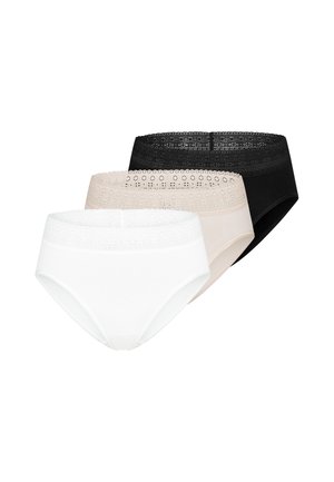 Three women's underwear briefs in white, beige, and black, each with a wide lace waistband on a plain background.