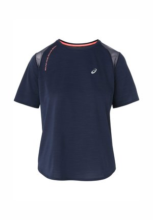 Tyrkysově modré sportovní tričko s krátkými rukávy, strukturovanou látkou, kontrastními zdobenými rameny a logem na přední straně.