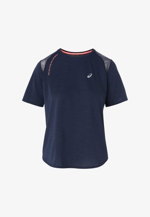 Tyrkysově modré sportovní tričko s krátkými rukávy, strukturovanou látkou, kontrastními zdobenými rameny a logem na přední straně.