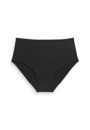 Černé bavlněné kalhotky s vysokým pasem, hladkým povrchem, elastickým pasem a bez viditelných vzorů či ozdob. Úzký design pro pohodlí.
