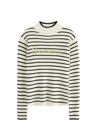 Strikket sweater med striber i creme og sort, der har en ribbet tekstur, rund hals og gul broderet "Chamonix" detalje på forsiden.