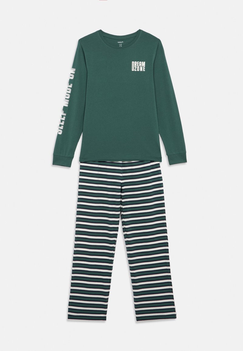Long-sleeve green top with "DREAM ZONE" text and striped green, white, and black pajama pants set on white background.