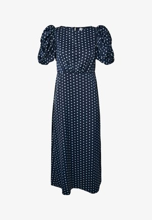 Μακρύ φόρεμα σε ναυτικό μπλε με ανοιχτό μπλε λευκές βούλες, puffed κοντά μανίκια, εφαρμοστή μέση και στρογγυλό λαιμόκοψη.