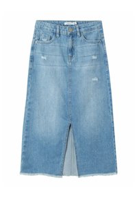 Hellblauer Denim-Midirock mit Schlitz vorne, ausgefranstem Saum und witterungsbedingten Details. Verfügt über einen klassischen Taillenbund und ein Fünf-Taschen-Design.