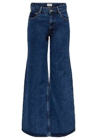 Jeans en denim à jambes larges de couleur bleu foncé, fabriqués en tissu de coton texturé. Dotés d'un design classique à cinq poches et d'une taille haute avec fermeture par bouton.