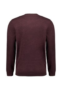 Bordeaux trui met lange mouwen, ronde hals en een gestructureerd breisel. Glad materiaal met een subtiel gemêleerd patroon door het gehele kledingstuk.