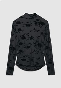 Maglietta nera a maniche lunghe con un motivo floreale in velluto, scollatura alta e orlo curvato, realizzata in un tessuto morbido e strutturato.