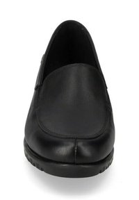 Scarpa nera in pelle, con punta arrotondata, superficie liscia, dettagli di cucitura minimi e suola in gomma texturizzata.