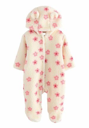 Salopetă din fleece de culoare crem, cu un model floral roz, glugă cu urechi de urs, închidere cu capse și picioare închise pentru căldură.