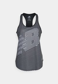 Black athletic tank top featuring diagonal white stripes, large white logo, round neckline, and racerback design for breathability.
