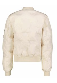 Hellbeige Pufferjacke mit geripptem Kragen, strukturiertem Obermaterial und anliegenden Bündchen. Verfügt über ein dezentes Logo auf dem Ärmel.