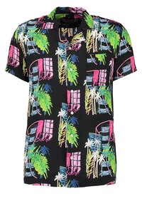 Camisa negra de manga corta con un estampado tropical colorido de palmeras y ventanas en verde, rosa y azul. Confeccionada con tela ligera.