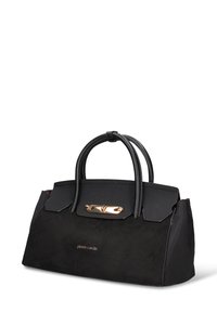 Borsa nera realizzata in suede e pelle liscia, con due manici, ferrature dorate e dettagli del logo sulla parte anteriore. Forma rettangolare.