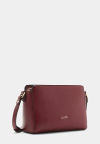 Borsa a tracolla in pelle bordeaux con finitura testurizzata, forma rettangolare, dettagli in metallo dorato e logo del brand sul davanti.