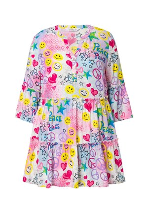 Bunt gemustertes Kleid mit kurzen, schwingenden Ärmeln, das Smiley-Gesichter, Herzen, Friedenzeichen und Sterne auf einem pastellfarbenen Hintergrund zeigt. Volantsaum.