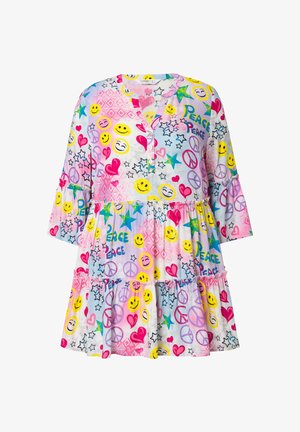 Bunt gemustertes Kleid mit kurzen, schwingenden Ärmeln, das Smiley-Gesichter, Herzen, Friedenzeichen und Sterne auf einem pastellfarbenen Hintergrund zeigt. Volantsaum.