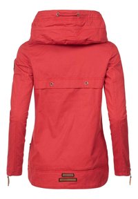 Red outdoor jacket with a hood, featuring a zippered front, two back pockets, and adjustable drawstring. Smooth texture, casual design.