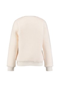 Suéter de forro polar en beige claro. Tejido suave y texturizado con un cuello redondo y puños elásticos. Sin patrones visibles ni detalles de hardware.