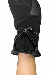 Black waterproof glove featuring a zip closure at the wrist, contrasting smooth leather accents, and a soft fabric texture.