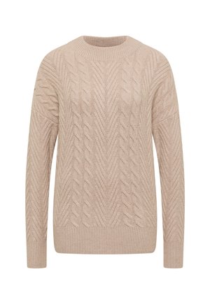 Beige kabelstickad tröja med rund halsringning, strukturerade zigzagmönster, långa ärmar och ribbade muddarna samt nederkant.